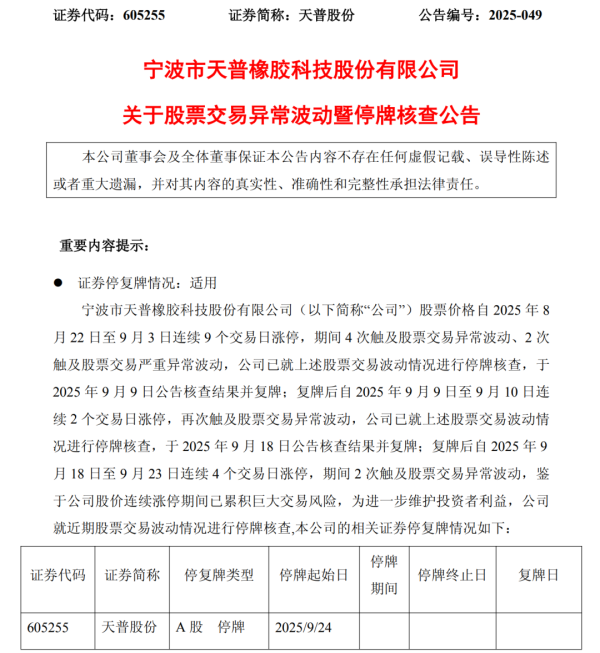 重庆股票配资公司 15连板后，天普股份再度停牌核查